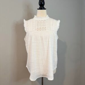 Cable Gauge White Crochet Lace Mock Neck Ruffled Sleeve Sleeveless Top L G/G